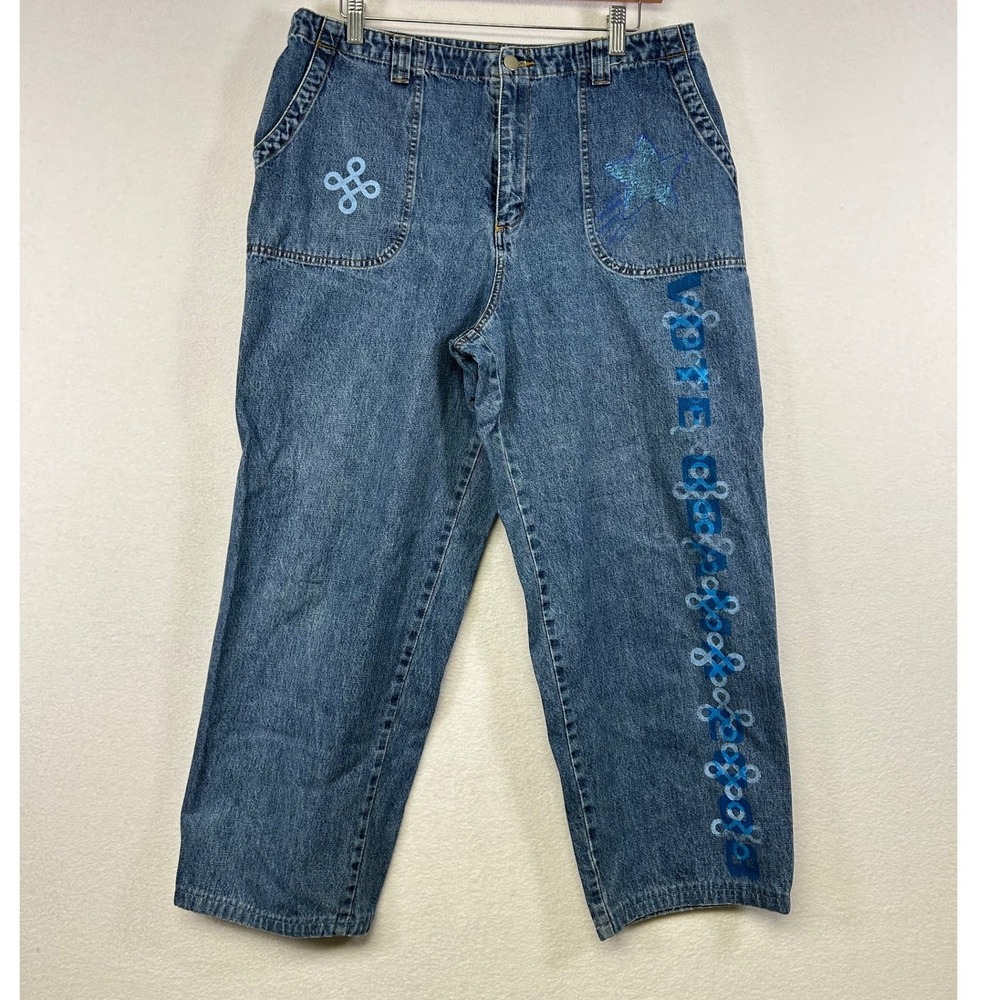 Cherokee Brand Women's Blue Denim Jeans Size 14 Embellished Star Flower‎ Print